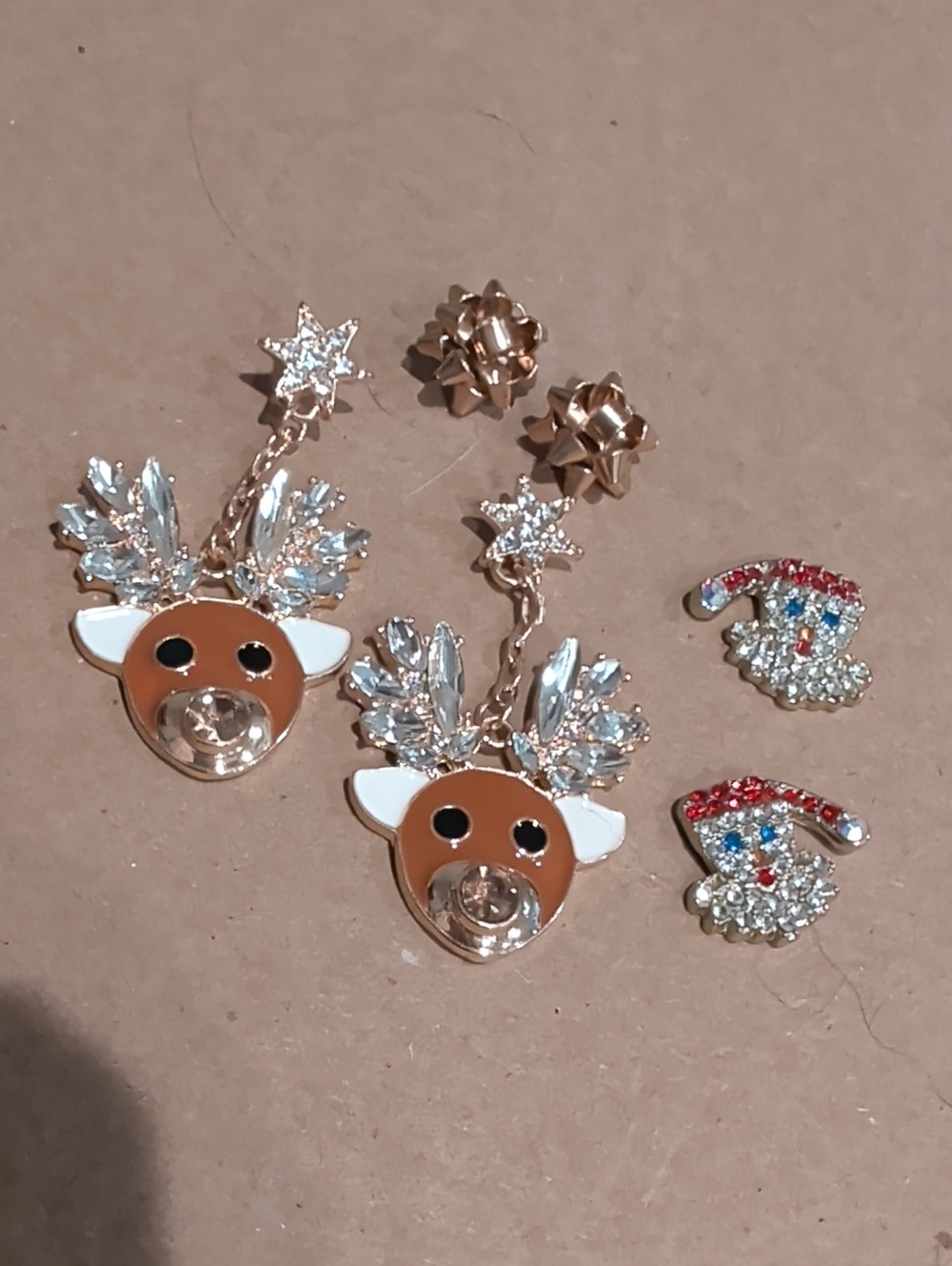 Gold-Tone Reindeer, Bows & Santa Crystal Earrings